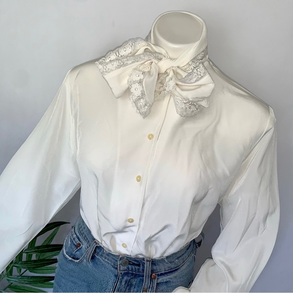 v i n t a g e :: Victorian Lace High Draped Neck Tie Blouse - Picture 2 of 11